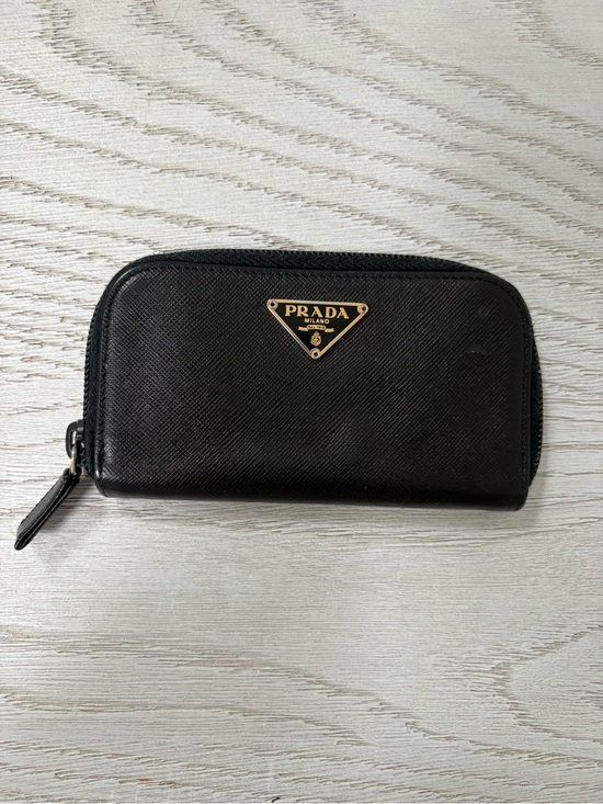 Prada Accessories - Prada Black Saffiano Zip Card and key Holder with Gold Logo